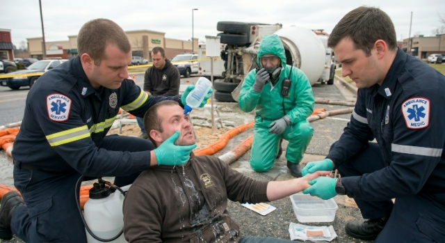 <blockquote><p><strong>4.3 Ambulance Service</strong></p></blockquote><p><strong>Key Actions:</strong></p><ul><li><p>Treat any chemical burns or exposure as a priority.</p></li><li><p>Irrigate affected areas with water for 15–20 minutes.</p></li><li><p>Request HART support for significant exposure or if PPE is required for treatment.</p></li></ul><p></p>