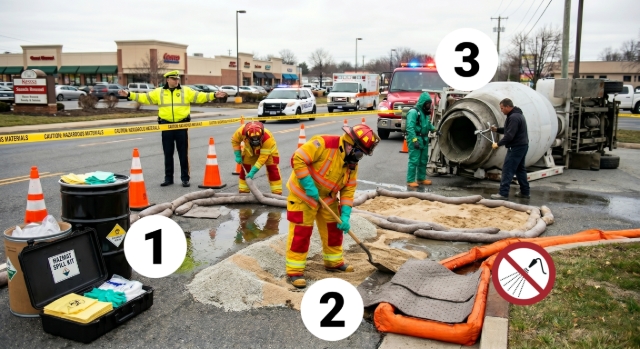 <blockquote><p><strong>3.2 Contain the Spill</strong></p></blockquote><p></p><ol><li><p>Prevent spread into drains, gullies, or watercourses using absorbent materials, sand, spill kits, or any available containment method.</p></li><li><p>Do NOT wash the spill into drains with water — this spreads the hazard and may constitute an environmental offence.</p></li><li><p>If the vehicle is still leaking, request that the driver stop the flow if it is safe to do so (e.g., close the chute or rotate the drum to an upright position, if possible).</p></li></ol><p></p>