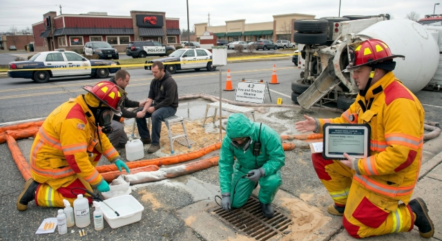 <blockquote><p><strong>4.2 Fire and Rescue Service</strong></p></blockquote><p><strong>Key Actions:</strong></p><ul><li><p>Provide specialist advice on the containment of alkaline substances.</p></li><li><p>Assist with deploying absorbent materials if there is a significant environmental risk.</p></li><li><p>Support the decontamination of any exposed persons.</p></li><li><p>Consider HazMat advice if large volumes have entered drainage systems.</p></li></ul><p></p>