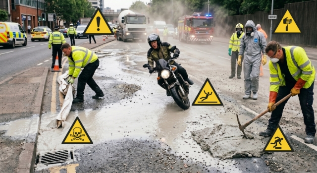 <blockquote style="background-color: var(--k-quote-bg-success);"><ol start="2"><li><p><strong>Key Hazards of Concrete Spills</strong></p></li></ol></blockquote><p>Responders must understand that wet concrete and concrete wash water are <strong>not</strong> low-risk substances:</p><p></p><ul><li><p><strong>High pH (typically 12–14): </strong>Highly alkaline and corrosive. It can cause severe chemical burns to the skin and eyes, and respiratory irritation if dust/aerosol is inhaled.</p></li><li><p><strong>Potential Chromium VI content:</strong> Known sensitiser and carcinogen.</p></li><li><p><strong>Sets hard quickly:</strong> it becomes difficult to remove and can cause long-term damage to the road surface.</p></li><li><p><strong>Slippery when wet:</strong> Significant hazard to motorcyclists, cyclists, and pedestrians.</p></li><li><p><strong>Environmental pollutant: </strong>Can cause serious harm if it enters drains, watercourses, or groundwater.</p></li></ul><p></p>