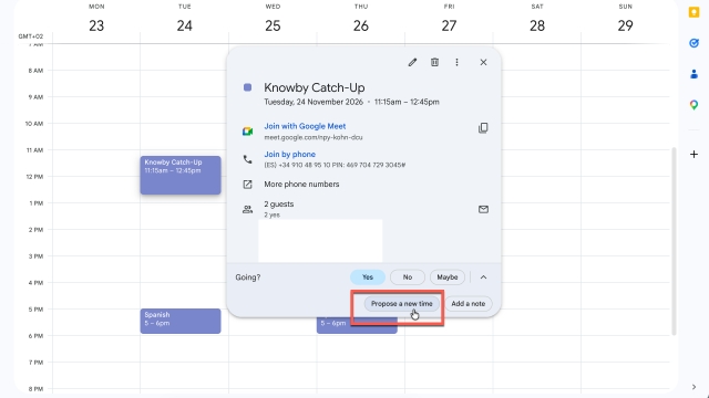 <p>At the bottom right corner of the event box, you'll see a downward-pointing arrow next to your response options (Yes, No, Maybe).</p><p>Click the downward arrow and select <strong>"Propose a new time"</strong>.</p><p></p><p></p>