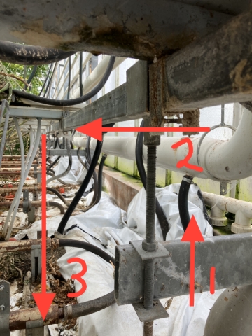 <p>Use the required number of staff to perform this task safely. Lift the 8 metre long rear rail approx. 120mm to disconnect the rail from the mounting bracket and lower the rail to ground. Repeat until all rear gutter support rails have been placed on the floor plastic.</p>