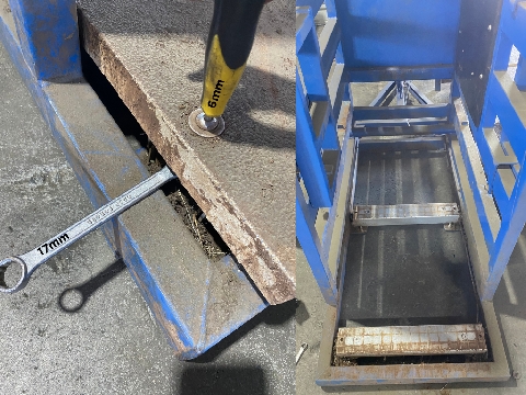 <p><span>Take off platform using a 17mm spanner and a 6mm Allen key.&nbsp;</span></p><p>(Some units will have a 17mm bolthead on top instead of an Allen key)</p><p><br></p><p>Keep nuts and bolts to the side</p>