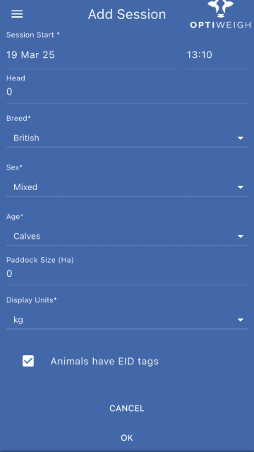 <p><span>Fill in the required fields. Ensure you select the correct weigher</span></p><p>Then scroll to the bottom and press “OK”</p><p><br></p><p>There is no need to change sessions at the same time you move the Optiweigh. You are able to back date the start time to when the Optiweigh was moved.<br></p>