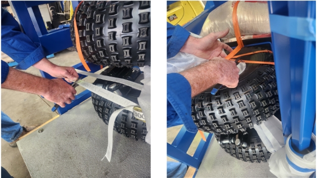 <p>Remove the straps securing Optiweigh unit to pallet and begin removing the wheels and axles. </p>