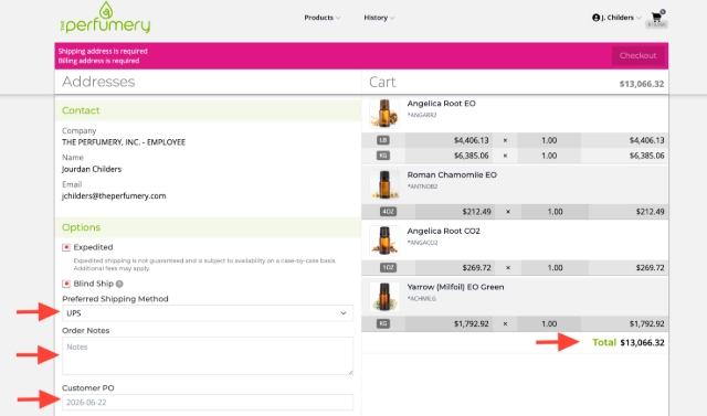 <p>This page is where you will select ship method, blind ship, request expedites, insert PO number as well any order notes for the sales team. Itemized list will total, can also be found on this page.</p>