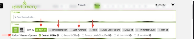<p>Under "Tools" you can filter by item ID, item Description, last purchase date and price. You can also change preferred UOM and how items are displayed on product page.</p>