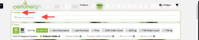 <p>To search for a specific item select "filters" and type in item in "search products".</p>