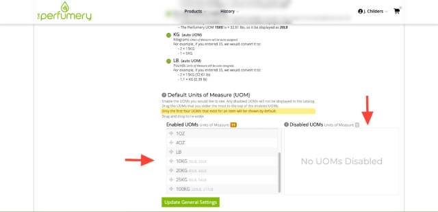 You also have the ability to customize pack sizes on your product/order page. To disable a pack size, drag the selection to "disabled UOMs"