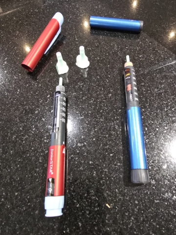 <p>Ensure the correct Pen</p><p><br></p><ul><li>RED = one time before breakfast only. this is slow release and cares for the night period</li></ul><p><br></p><ul><li>BLUE - Before meals/food. Fast acting and counters the sugar intake</li></ul>