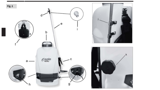 <p><strong>6. Sprayer Components</strong></p><p>Operators should be familiar with the following components before carrying out maintenance:</p><ul><li><p>Spray tank</p></li><li><p>Tank lid and carry handle</p></li><li><p>Trigger assembly</p></li><li><p>Y nozzle</p></li><li><p>Spray wand</p></li><li><p>Shoulder straps</p></li><li><p>Charging port</p></li><li><p>Variable flow control switch</p></li><li><p>Brass adjustable nozzle (alternative nozzle)</p></li><li><p>Spray wand clip</p></li><li><p>Drain plug</p></li></ul><p>Inspect all components during routine maintenance for damage, wear or loose fittings.</p>