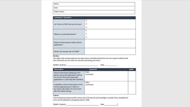 <p><strong>Trainer Sign-off</strong></p><p>Once you are satisfied that the trainee can safely and correctly carry out the application without assistance, have them complete the <strong>Competency Assessment</strong> to confirm their understanding and practical ability.</p><p>If the trainee is assessed as <strong>Not Yet Competent</strong>, review the areas where they did not meet the required standard, provide additional coaching and practical training, and repeat the assessment. The reassessment may be completed at a later date once the trainee has had sufficient opportunity to develop the required skills.</p><p>Only sign off the assessment when you are confident the trainee has demonstrated the knowledge and practical competency required to perform the task safely, consistently, and in accordance with this procedure.</p>