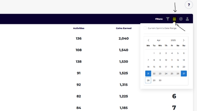 <p>Click the calendar icon to filter the report down to last weeks data.</p>