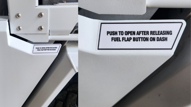 <p>Once again, clean the surface and place the 'push to open after releasing fuel flap button on dash' sticker on the fuel filler door in the shown location. </p><p><br></p><p>Ensure that the stickers are on the correct door. </p>