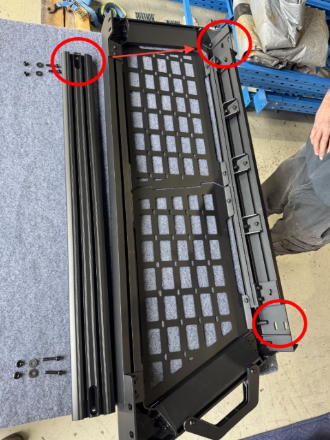 <p>Fit one crossbar to either end of the LHS or RHS frame.</p><p>You will need:</p><ul><li><p>4x Flat washers</p></li><li><p>4x Flanged Nuts</p></li><li><p>4x 35mm Socket Head Cap Bolts</p></li></ul><p></p>