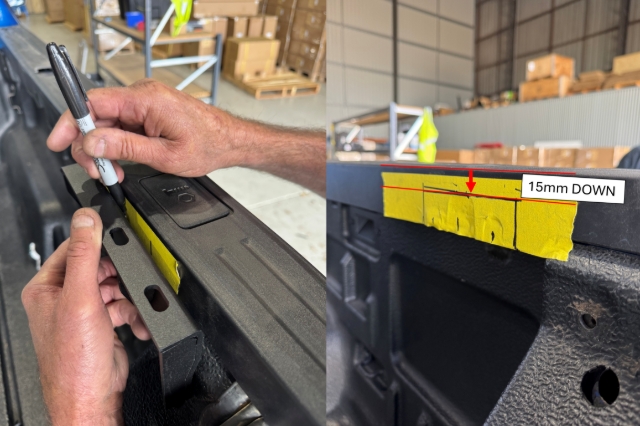 <p>Place the rear bracket in the rear corner of the tub and loosely align to the OEM holes. </p><p>Mark behind the bracket where the metal plates are on the back. Then mark 15mm down from the top to create the required section for trimming. </p>