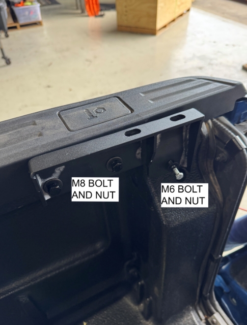 <p>Fit 2x M8 Hex Head Bolts with the washer and M8 Flanged nuts to the two front slots (Ignore the middle slot, it is not required).</p><p>F 1x M6 Hex Head Bolts with the washer and M6 Flanged nuts to the one rear slot in the bracket.</p><p>Repeat on the other side.</p><p>Keep the bolts finger tight for later adjustment. </p>