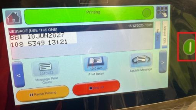 <p>Printer Start Up</p><p></p><p>To start the printer from shutdown:</p><p></p><ol><li><p>Turn the power supply on at the power source.</p></li><li><p>Press the green ‘Power’ button on the Date Printer screen.</p></li></ol><p></p><p>The Date Printer will automatically perform a nozzle flush and prepare for operation.</p><p></p>