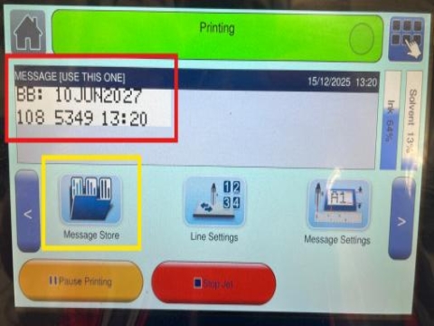 <p>Selecting a
product</p><p>Once the printer has been turned on
ensure the correct product has been
selected.</p><p>Ensure the printer is in ‘Idle’ mode.</p><p>Select ‘Message Store’.</p>