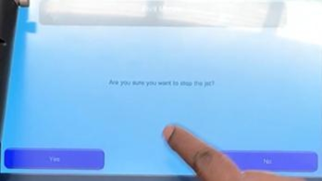 <p>In the pop-up screen ‘Are you sure you
want to stop the jet?’ Select ‘Yes’</p>