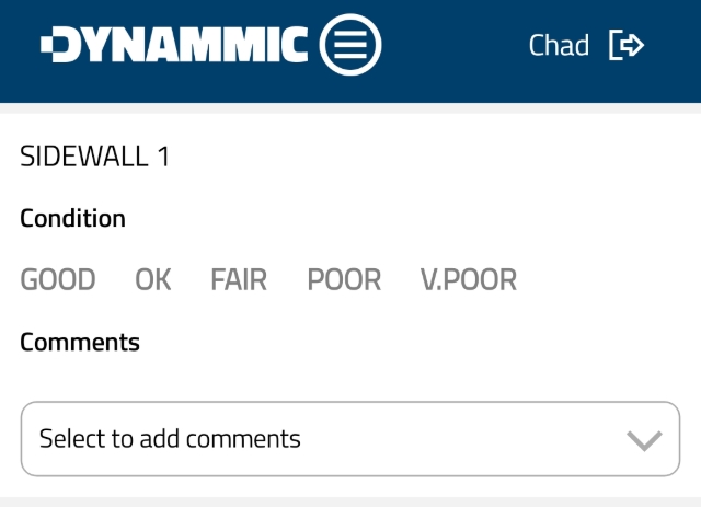 <p><strong>Inspect Sidewall 1</strong></p><p>Select condition for Sidewall 1 and enter comments if required.</p>