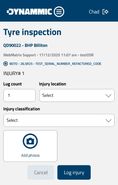 <p><strong>Log Injury Details</strong></p><p>Input Lug Count, select Injury Location and Injury Classification from the dropdowns, tap Add Photos, and click Log Injury to confirm.</p><p></p>