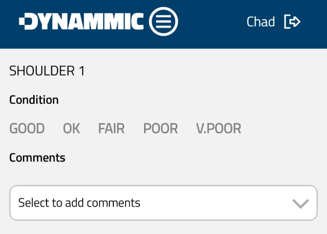 <p><strong>Inspect Shoulder 1</strong></p><p>Select condition for Shoulder 1 and enter comments if required.</p>