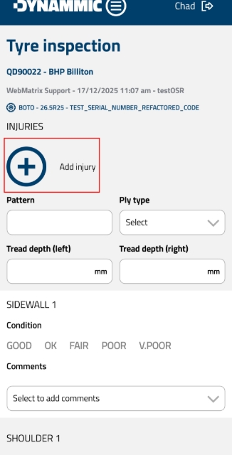 <p><strong>Click Add Injury</strong></p><p>Click Add Injury to create a new injury entry for the tyre in the Dynammic App.</p>