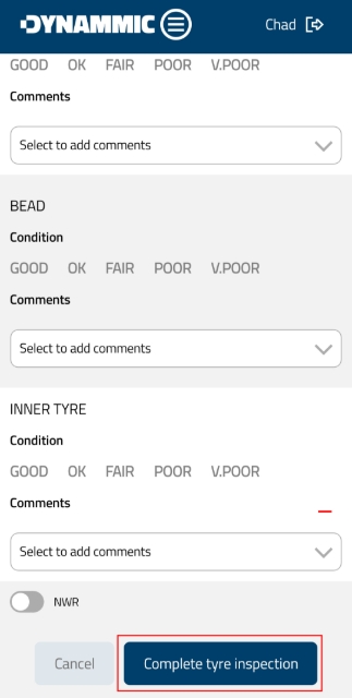 <p><strong>Complete Inspection</strong></p><p>Click the Complete Tyre Inspection button to submit the inspection report.</p>