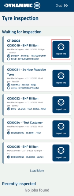 <p><strong>Select Job for Inspection</strong></p><p>Locate the target Quote Number under the <strong>Waiting for inspection</strong> list and tap <strong>Inspect tyre</strong>.</p>