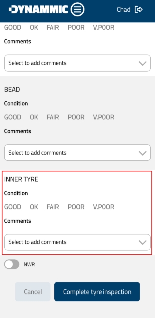 <p><strong>Inspect Inner Tyre</strong></p><p>Select condition for Inner Tyre and enter comments if required.</p>