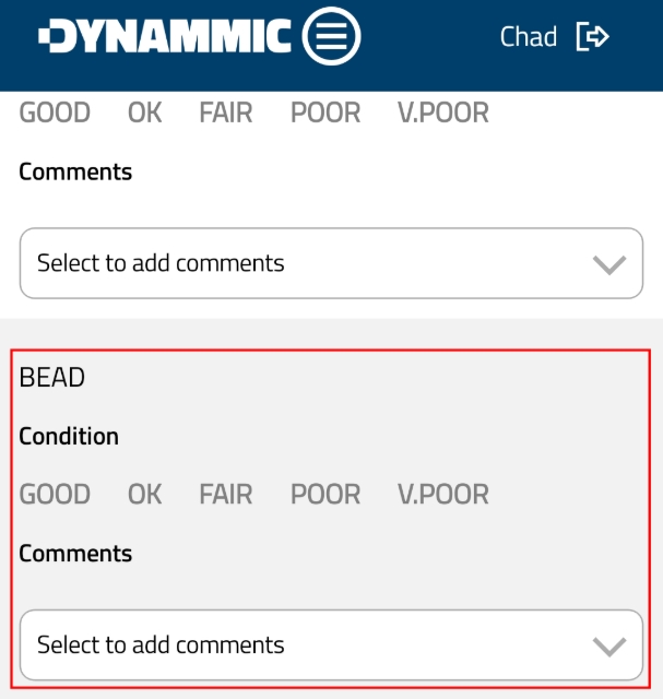 <p><strong>Inspect Bead</strong></p><p>Select condition for Bead and enter comments if required.</p><p></p>