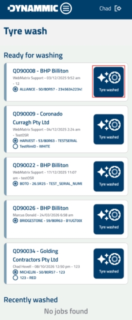 <p><strong>Locate and Select Job</strong></p><p>Find the target Quote Number awaiting wash and select it in the app interface. Tap the <strong>Tyre Washed</strong> toggle. </p><p></p>