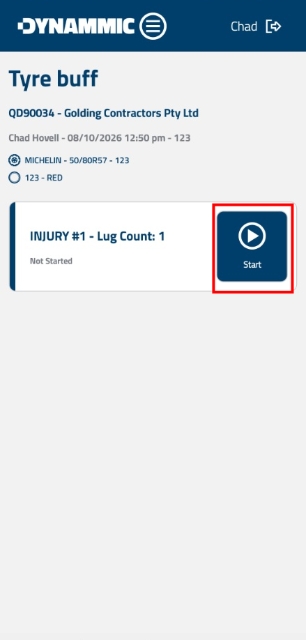 <p><strong>Start Buffing Inspection</strong></p><p>Locate the specific injury card (e.g., INJURY #1 - Lug Count: 1) and tap <strong>Start</strong> to initiate the buffing details form.</p>