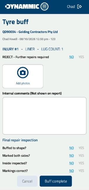 <p><strong>Complete Inspection Form and Finalize Stage</strong></p><p>Fill out the buffing evaluation form parameters:</p><ul><li><p><strong>REJECT - Further repairs required:</strong> Select <strong>NO</strong> for standard pass, or select <strong>YES</strong> (which unlocks a <strong>Reason for rejection</strong> drop-down menu).</p></li><li><p><strong>Add photos:</strong> Tap the camera icon to attach required buffing pictures.</p></li><li><p><strong>Internal comments:</strong> Type any internal shop notes if needed (not shown on report).</p></li><li><p><strong>Final repair inspection checklist:</strong> Toggle <strong>YES</strong> or <strong>NO</strong> for each check item (<em>Buffed to shape?</em>, <em>Marked both sides?</em>, <em>Inside inspected?</em>, <em>Markings correct?</em>).</p></li></ul><p>Once all details are complete, tap <strong>Buff complete</strong> at the bottom of the screen to save the inspection and finalize the stage.</p>