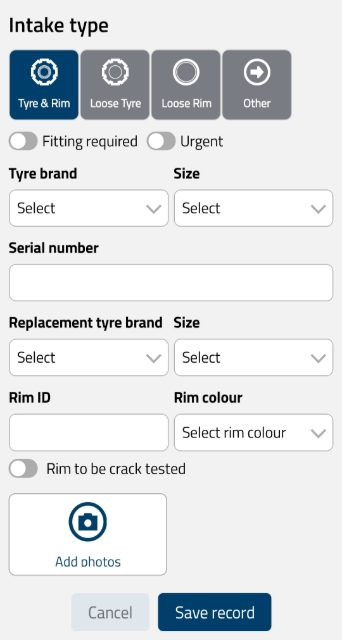 <p><strong>Option 1: Complete Tyre &amp; Rim Details</strong></p><p>If Tyre &amp; Rim is selected, set toggles for Fitting Required and Urgent. Select Tyre Brand, Size, enter Serial Number, select Replacement Tyre Brand and Size, enter Rim ID, select Rim Colour, toggle if Rim is to be crack tested, and tap Add Photos.</p>