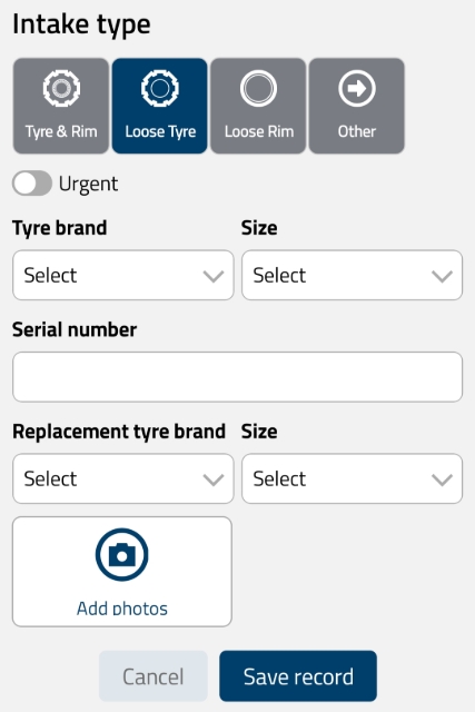 <p><strong>Option 2: Complete Loose Tyre Details</strong></p><p>If Loose Tyre is selected, select Tyre Brand and Size, enter Serial Number, select Replacement Tyre Brand and Size, and tap Add Photos.</p>