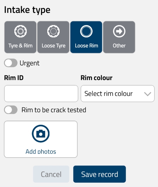 <p><strong>Option 3: Complete Loose Rim Details</strong></p><p>If Loose Rim is selected, enter Rim ID, select Rim Colour, toggle if Rim is to be crack tested, and tap Add Photos.</p>
