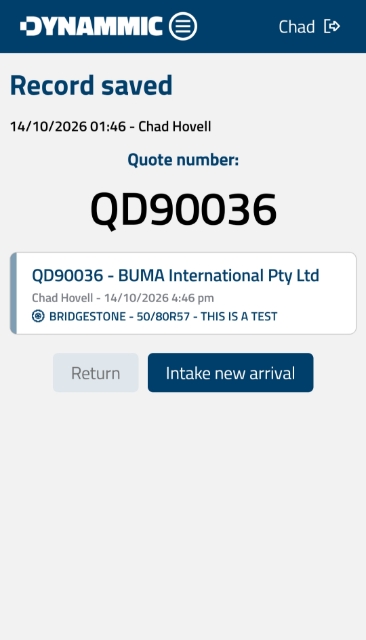 <p><strong>Sample Intake Record</strong></p><p>Once the entry is saved, it will take you to the confirmation screen, and the quote number will automatically move to the Fitting Shed.</p>
