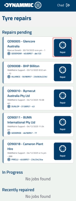 <p><strong>Select Job for Repair</strong></p><p>Under the <strong>Repairs pending</strong> list, find the target Quote Number and tap <strong>Repair</strong>.</p><p></p>