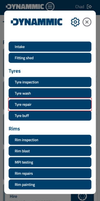 <p><strong>Access Tyre Repair Module</strong></p><p>Tap the hamburger icon located on top of the screen, open the navigation menu, and select <strong>Tyre Repair</strong> under the Tyres section.</p><p></p>