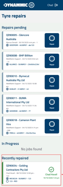 <p><strong>Verify Completed Repair in Queue</strong></p><p>Once all repair stages are finished, navigate back to the main Tyre Repairs screen. The processed Quote Number will automatically move to the <strong>Recently repaired</strong> section displaying a green checkmark and completion timestamp.</p><p></p>