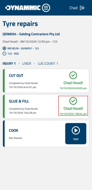 <p><strong>Verify Glue &amp; Fill Timestamp</strong> Once completed, the screen will update to display a green checkmark along with the user name, date, and completion timestamp under the GLUE &amp; FILL section.</p><p></p>