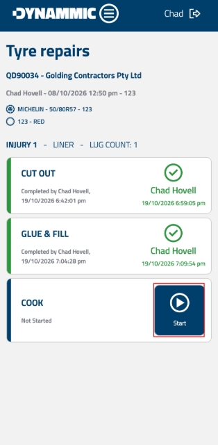 <p><strong>Initiate Cook Phase</strong> For Injury 1, tap <strong>Start</strong> under the COOK section to open the Cook setup screen. </p><p></p>