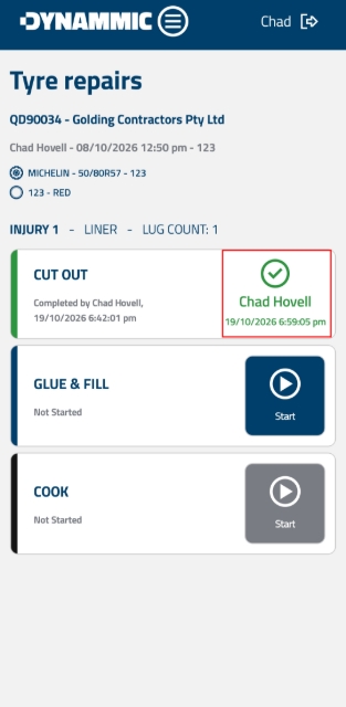 <p><strong>Verify Cut-Out Timestamp</strong></p><p>Once completed, the screen will update to display a green checkmark along with the user name, date, and completion timestamp under the CUT OUT section. <em>Media Required:</em> App Screenshot showing the CUT OUT section marked completed with the date and time timestamp.</p><p></p>