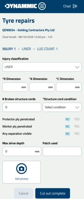 <p><strong>Required Cut-Out Information</strong></p><p>Enter all required parameters:</p><ul><li><p>​Injury classification</p></li><li><p>​Dimensions (R Dimension, A Dimension, C Dimension)</p></li><li><p>​Broken structure cords and Structure cord condition</p></li><li><p>​Penetration toggles (Protector ply penetrated, Worker ply penetrated, Any separation visible)</p></li><li><p>​Max skive depth and Patch used</p></li><li><p>​Tap <strong>Add photos</strong> to attach inspection photos <em>Media Required:</em> App Screenshot of the fully populated Cut-Out detail form.</p></li></ul><p>Once all details are filled out, tap <strong>Cut out complete</strong> to save the entry and finalize the Cut-Out stage for the injury.</p><p></p>