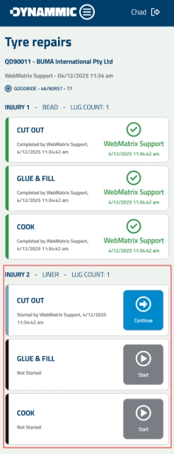<p><strong>Repeat Process for Remaining Injuries</strong></p><p>Repeat the full sequence (Cut-Out, Glue &amp; Fill, Cook) for all additional injuries logged on the tyre.</p><p></p>