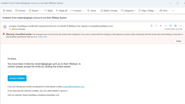 <p>You will receive an email from 'Wildeye User Signup' with a subject line of 'Invitation from reuben@aglogic.com.au to use their Wildeye System'.</p>
