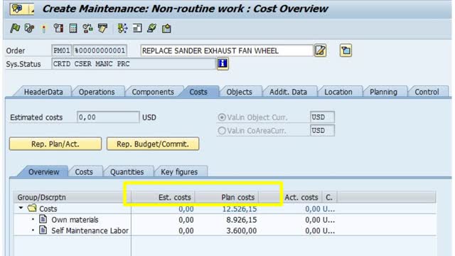 <p><strong>Overview Tab</strong>:</p>
<ul>
<li>Populates plan costs by category (stock materials, labor, etc.).</li>
</ul>
<p><strong>Collect Costs</strong>:</p>
<ul>
<li>Gather all costs for the work order here.</li>
</ul>
<p><strong>Estimated Costs</strong>:</p>
<ul>
<li>Note estimated costs from the HeaderData tab.</li>
</ul>
<p><strong>Planned Costs</strong>:</p>
<ul>
<li>Update total planned costs on the <strong>HeaderData</strong> tab.</li>
</ul>
