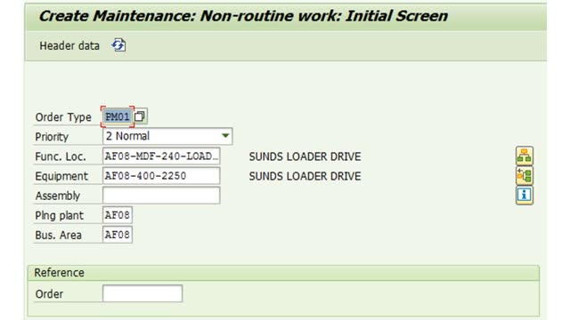 <p>Enter the priority, functional location or equipment. The Plng plant and the Bus. Area will populate automatically based on your selection for functional location or equipment. Your popup should look something like this.</p>

